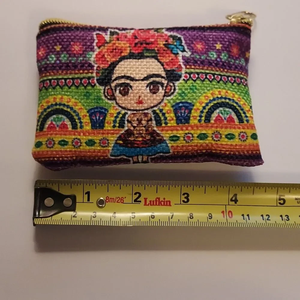 Frida Kahlo Coin Purse Makeup Bag colorful woven pattern zippered pouch
